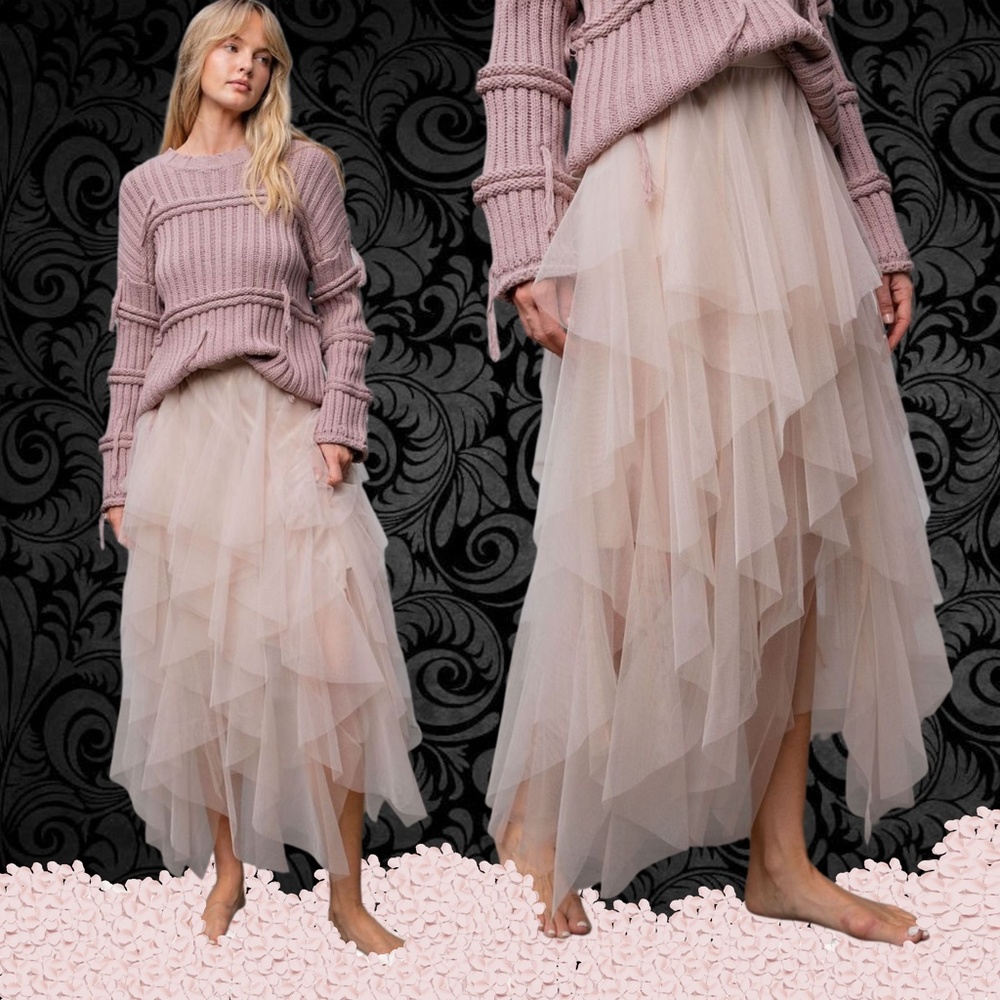 EASEL "Fairy Tale" Tiered Mesh Overlay Waterfall Lined Midi Maxi Ballerina Skirt - Picture 2 of 16